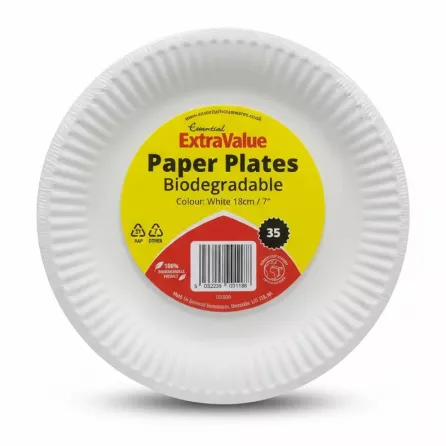 Pack of Essential ExtraValue biodegradable white paper plates with label