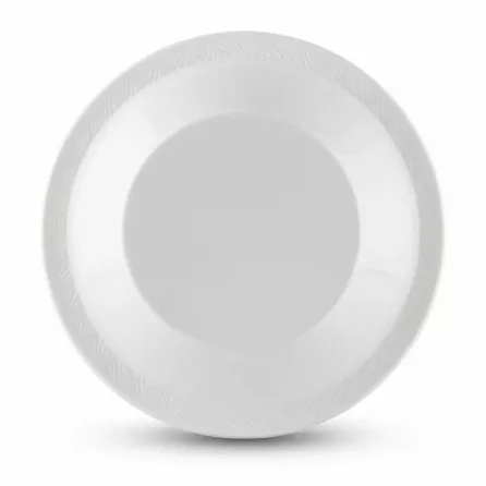 Bottom view of white plastic bowl showing plain base and patterned rim