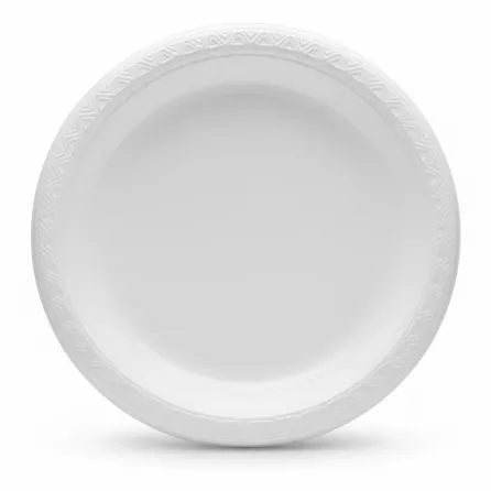 Stack of white plastic dinner plates with decorative edge