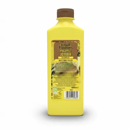 Back label of the Fruit Fusions Pineapple and Jojoba shampoo showing ingredients and usage instructions