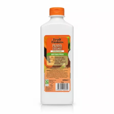 Back label of Fruit Fusions papaya coconut conditioner showing ingredients and usage instructions