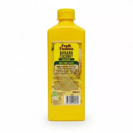 Back view of Fruit Fusions Banana & Coconut Hydrating Shampoo bottle showing ingredients and usage instructions