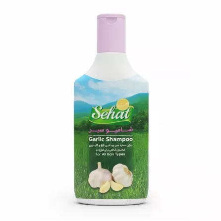 Sehat Garlic Shampoo bottle with green landscape label and garlic image