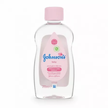 Johnson's Baby Oil bottle with pink cap and label showing moisture lock claims