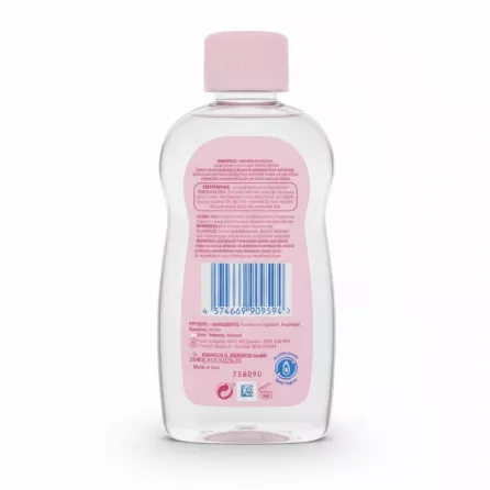Back label of Johnson's Baby Oil with ingredients and usage instructions