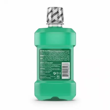 Back view of Listerine Fresh Burst mouthwash showing ingredients and directions