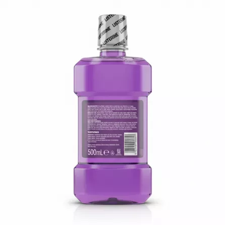 Listerine Total Care Fluoride Mouthwash 500ml back bottle label showing ingredients and info