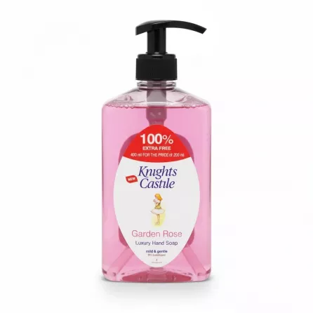 Knights Castle Garden Rose luxury hand soap bottle front view showing pink soap and pump dispenser