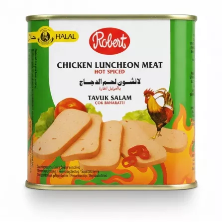 Robert Chicken Luncheon Meat Hot Spiced can front packaging