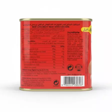 Back view of Robert Beef Luncheon Meat with Chicken showing product details