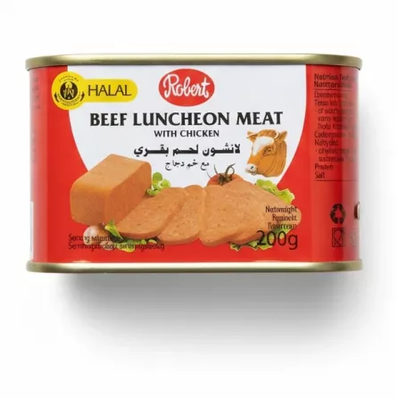 Can of Robert Beef Luncheon Meat with Chicken front label
