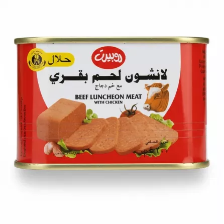 Robert Beef Luncheon Meat with Chicken can with Arabic and English text