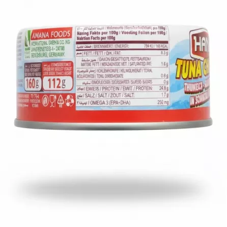 Side nutrition label of Hana Tuna Chunks showing ingredients and energy