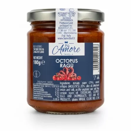 Glass jar of Più Amore Octopus Ragù showing front label with octopus and tomato design