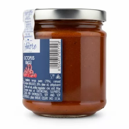 Side view of Più Amore Octopus Ragù jar with ingredient and allergen information