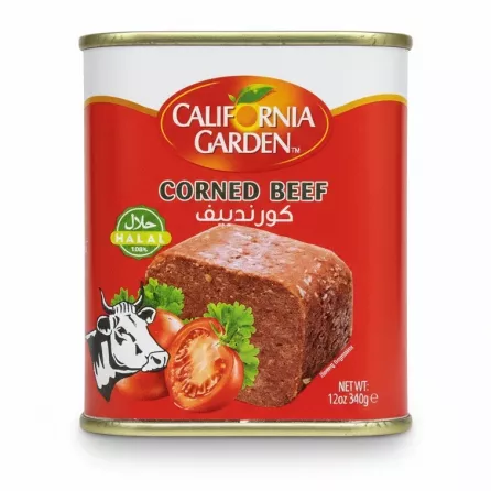 Tin of California Garden Corned Beef with red label and image of corned beef