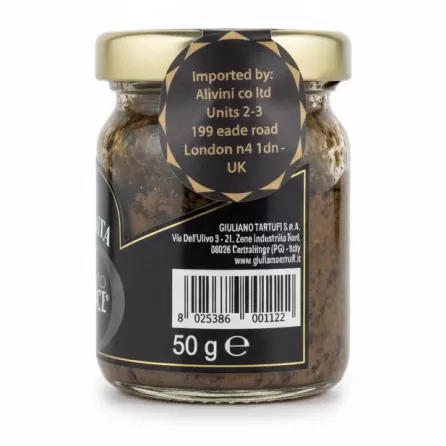 Back view of Giuliano Tartufi Truffle Sauce jar showing barcode and importer details