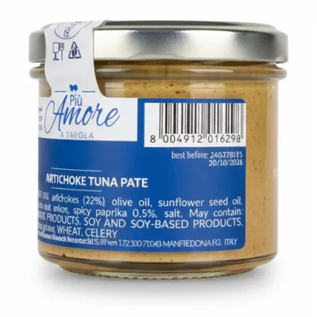 Close-up of Più Amore Spicy Artichoke Tuna Pate jar label