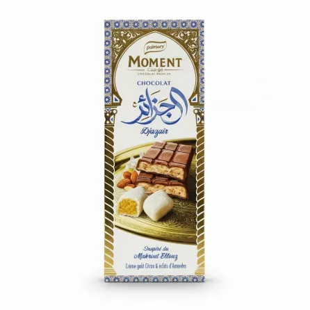 Palmary Moment Djazaïr chocolate bar packaging front showing chocolate pieces with almond and lemon cream filling
