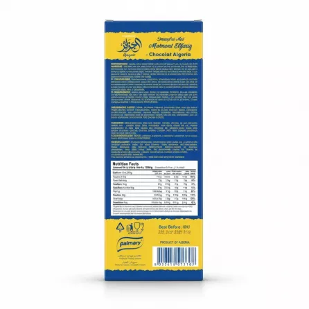 Back of Palmary Moment Djazaïr chocolate bar packaging with ingredients, nutritional facts, and barcode