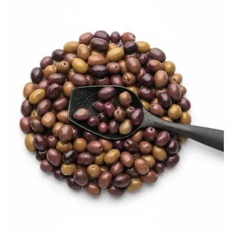 Mixed Mediterranean olives in brine without the container on a white background