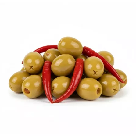 Close-up of spicy green olives mixed with red chilipeppers lose outside container