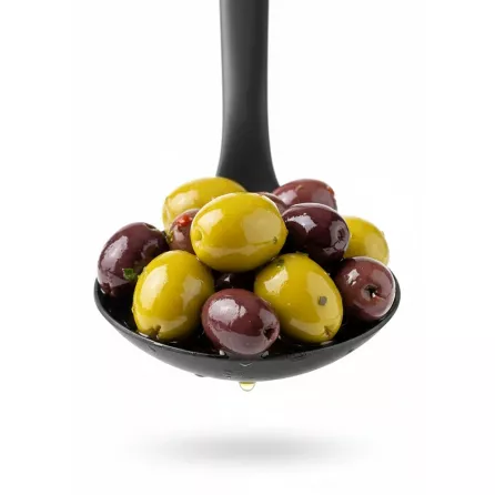 mixed marinated olives in black serving spoon