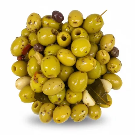 Close-up of pitted green olives marinated with herbs