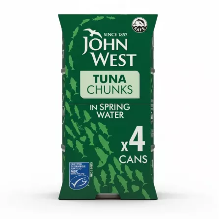 Pack of four John West Tuna Chunks cans in green packaging