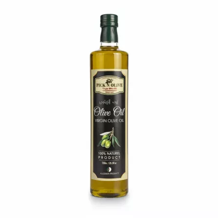750ml bottle of Pick N Olive Virgin Olive Oil with label showing Algerian origin