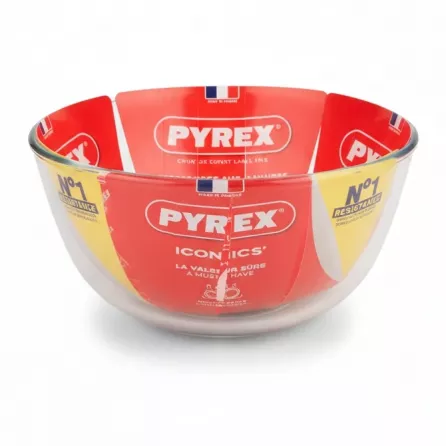 Pyrex Iconics clear glass mixing bowl with label inside
