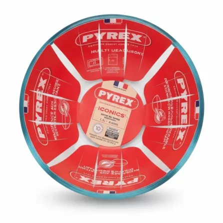 Top view of Pyrex Iconics glass mixing bowl showing label