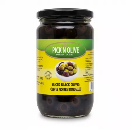 Jar of Pick N Olive sliced black olives with yellow and green label