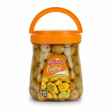 Jar of Köy Sefasi grilled green olives with orange lid and handle