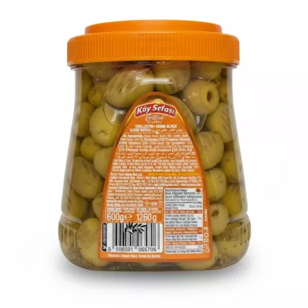 Back label of Köy Sefasi grilled green olives jar showing ingredients and nutritional info