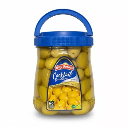 Jar of Köy Sefası cocktail green olives with blue handle