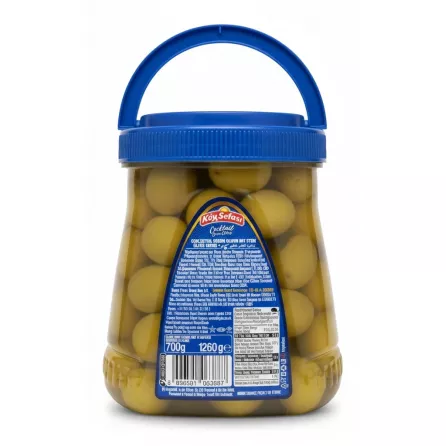 Back label of Köy Sefası cocktail green olives jar with ingredients and nutritional info