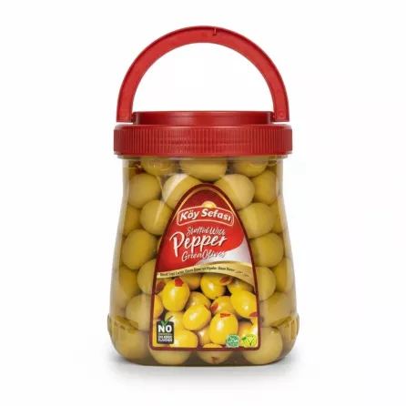 Jar of Köy Sefası green olives stuffed with red pepper