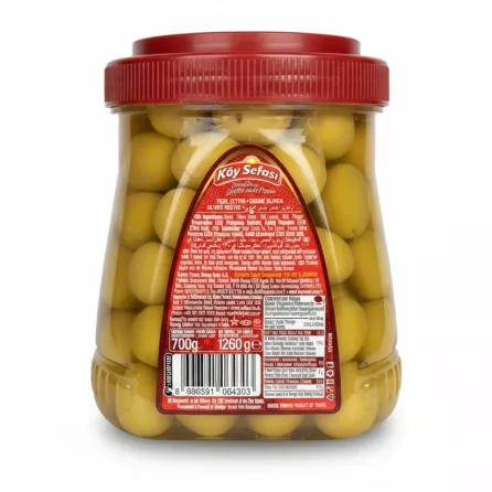 Back label of Köy Sefası stuffed green olives showing ingredients and barcode
