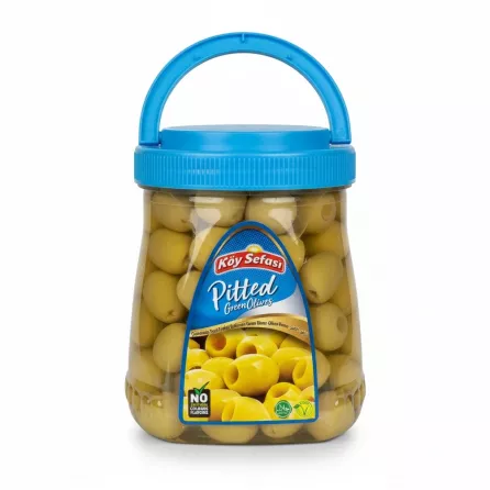Jar of pitted green olives with blue lid and handle