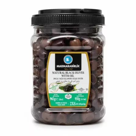 Jar of Marmarabirlik natural black olives with oil