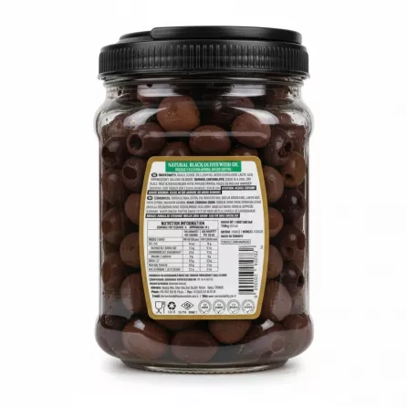 Back label with ingredients and nutritional information on Marmarabirlik black olives jar