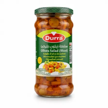 Jar of Durra sliced olives salad with carrots and chilli in sunflower oil