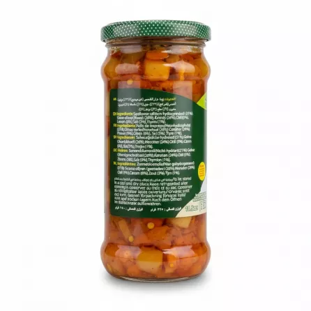 Back label of Durra olives salad showing ingredients in multiple languages