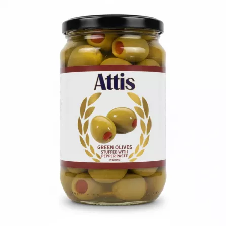 Jar of Attis green olives stuffed with red pepper paste