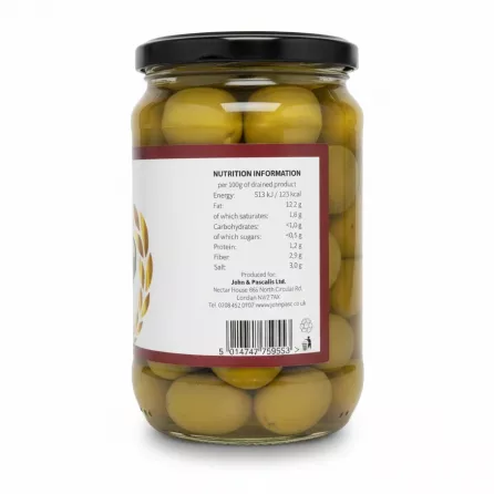 Nutrition information on jar of Attis green olives