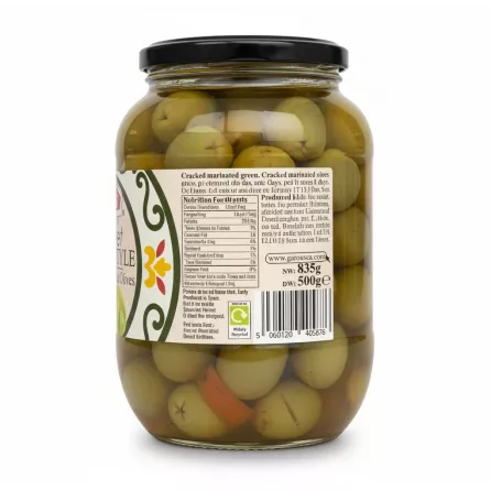 Back label of Garusana marinated cracked olives jar showing ingredients and nutrition