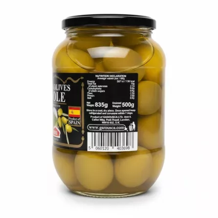 Close-up view of nutrition label on jar of Spanish olives