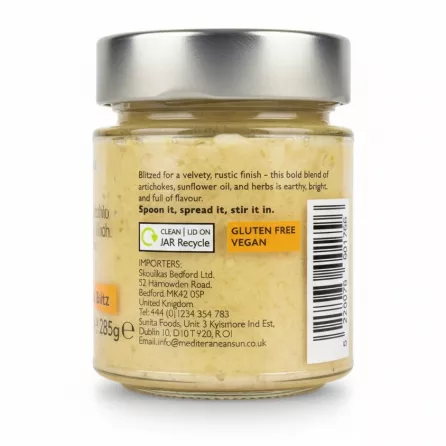 Label details and product description on Artichoke Blitz jar