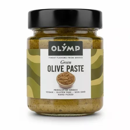 Jar of Olymp green olive paste with black lid